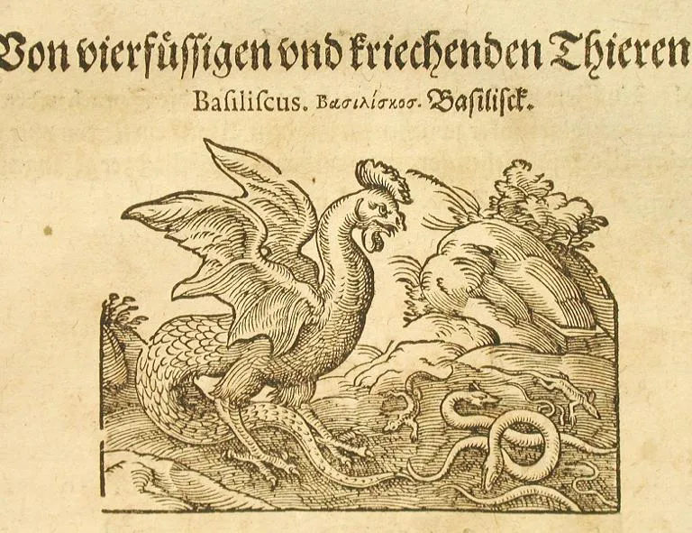 Xilografía del basilisco realizada por Jost Amman para la edición alemana de la Naturalis Historia de Plinio el Viejo (1584).