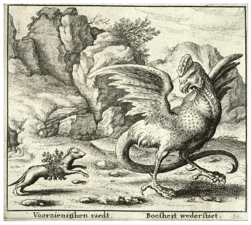 Grabado de Wenceslas Hollar que representa al basilisco junto a una comadreja.