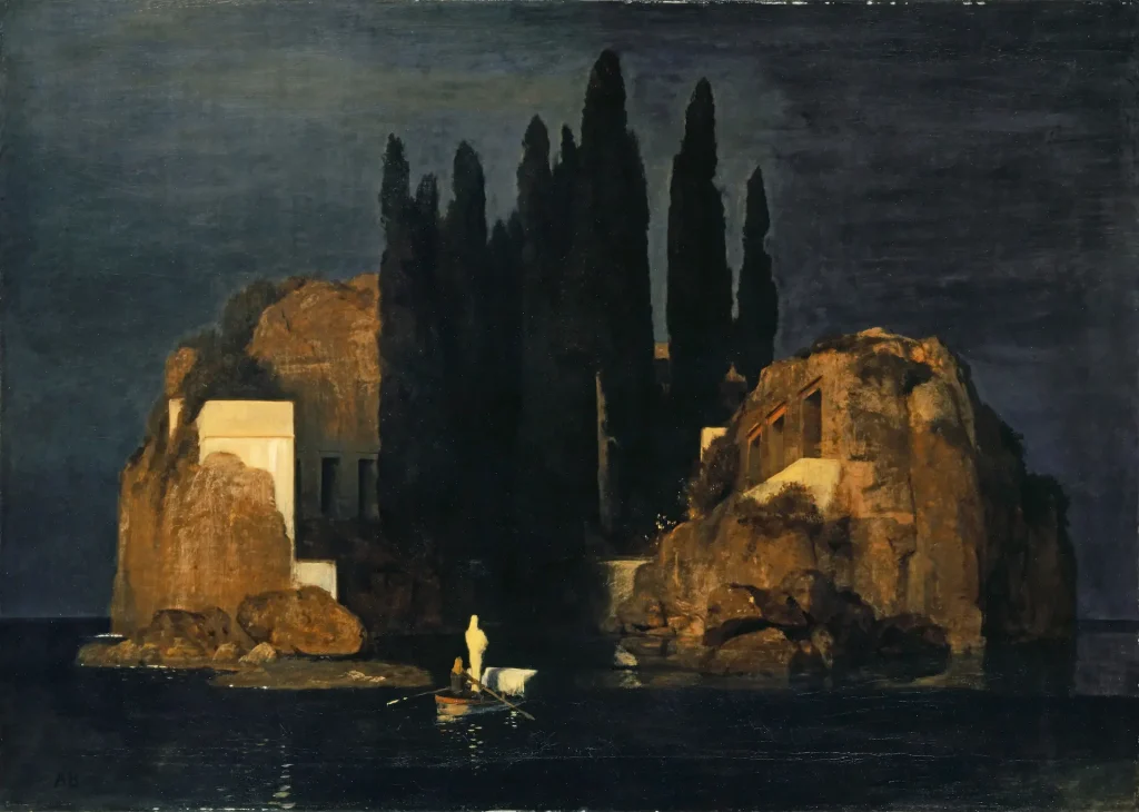 La isla de los muertos, de Arnold Böcklin: una barca con un ataúd se acerca a una isla de cipreses y tumbas