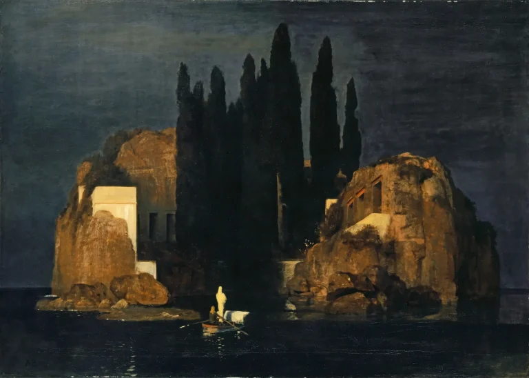 La isla de los muertos, de Arnold Böcklin: una barca con un ataúd se acerca a una isla de cipreses y tumbas