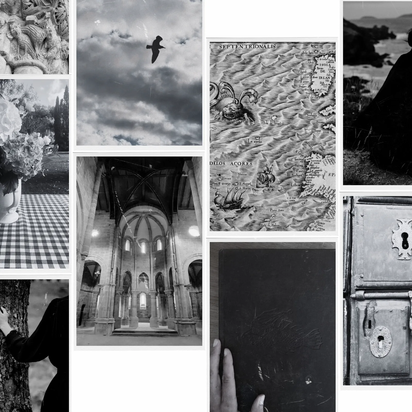 Collage en blanco y negro con fotografías simbólicas de La Madriguera del Tejo que representan el universo creativo de Lila Grouse