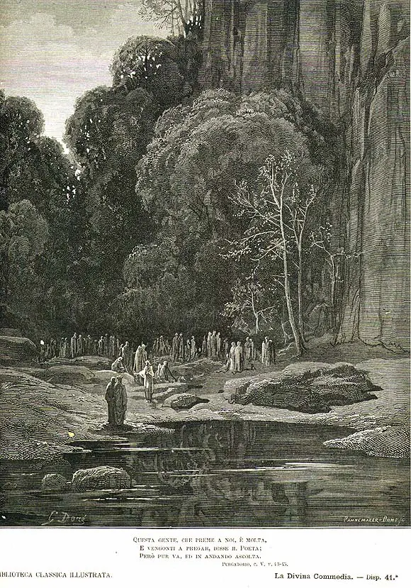 Gustave Doré, Purgatorio de Dante, canto V: almas junto a un lago que piden oraciones a los vivos