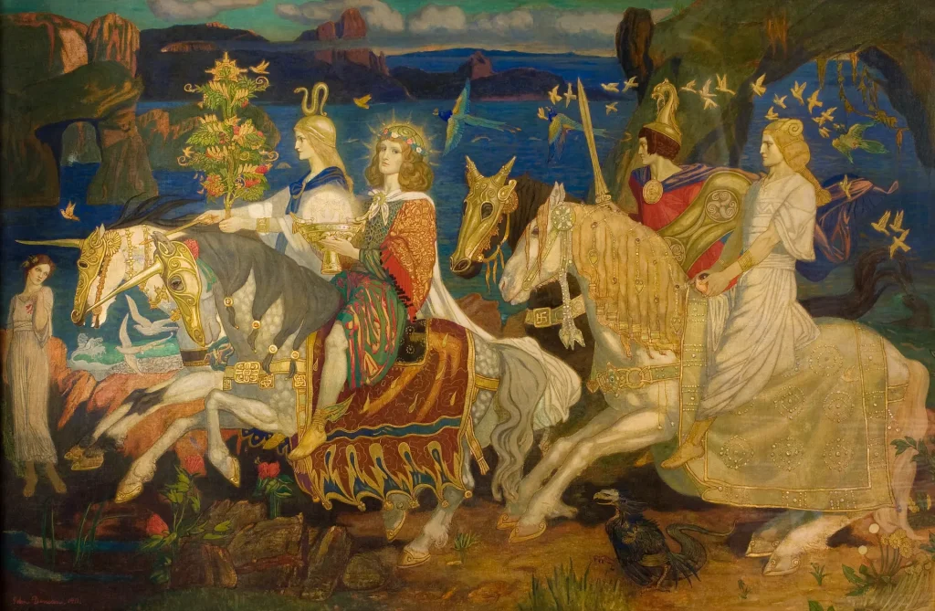 Los jinetes del Sidhe, de John Duncan (1911): procesión de seres del Otro Mundo a caballo
